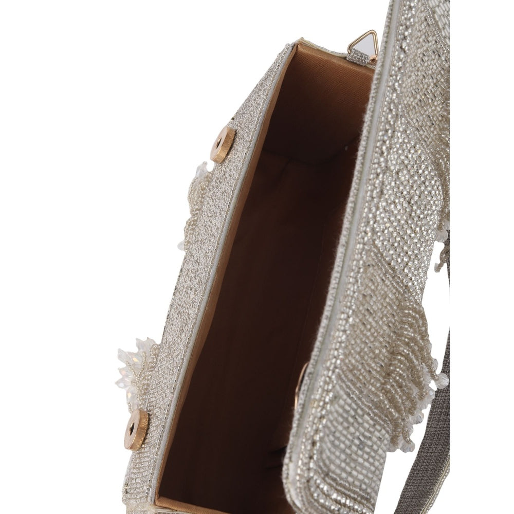 Odette Ornate Silver Embellished Clutch for Women