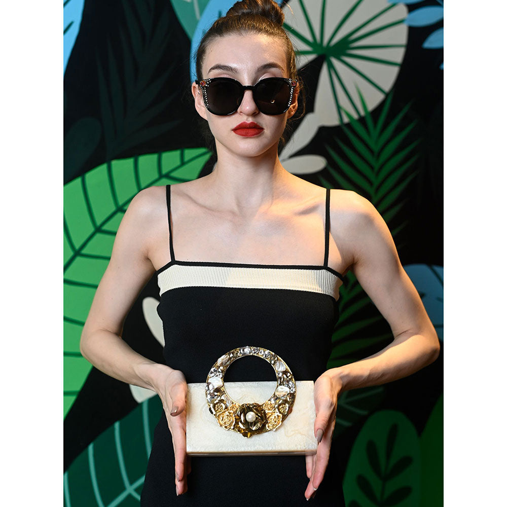 Odette Off White Resin Embellished Clutch for Women