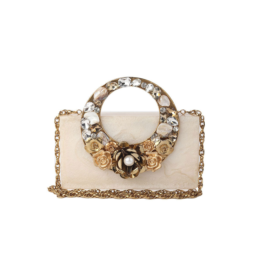 Odette Off White Resin Embellished Clutch for Women