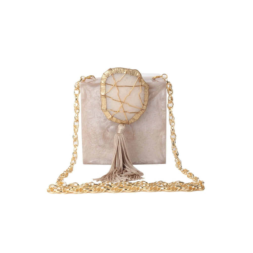 Odette Beige Resin Embellished Clutch for Women