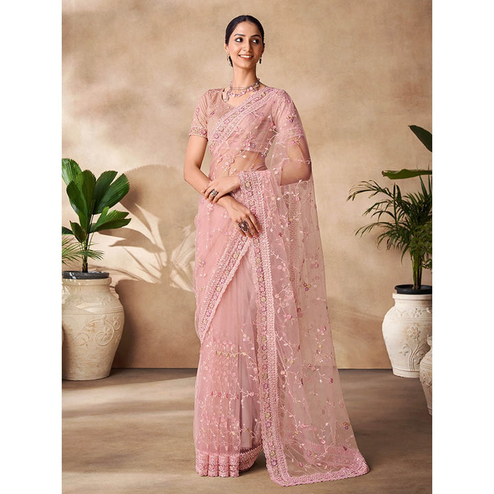 Odette Womens Pink Net Embroidered Saree with Unstitched Blouse