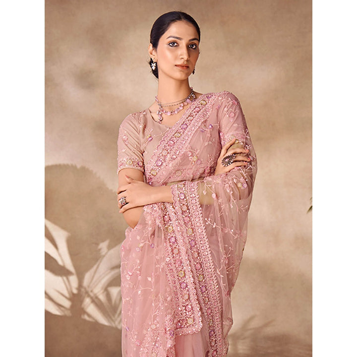 Odette Womens Pink Net Embroidered Saree with Unstitched Blouse