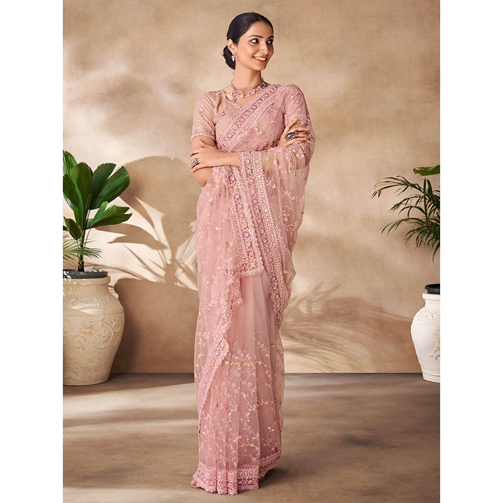 Odette Womens Pink Net Embroidered Saree with Unstitched Blouse