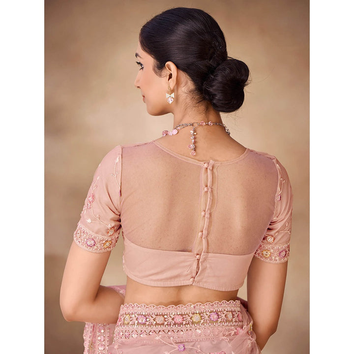 Odette Womens Pink Net Embroidered Saree with Unstitched Blouse