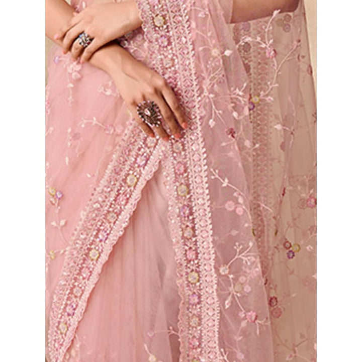 Odette Womens Pink Net Embroidered Saree with Unstitched Blouse