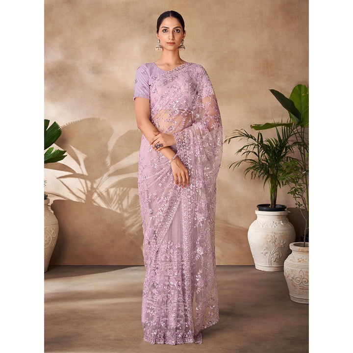 Odette Womens Purple Net Embroidered Saree with Unstitched Blouse