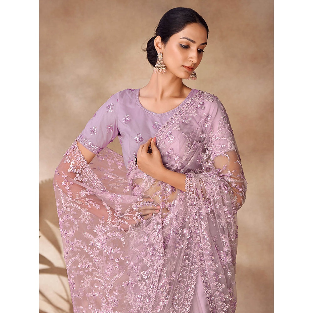 Odette Womens Purple Net Embroidered Saree with Unstitched Blouse