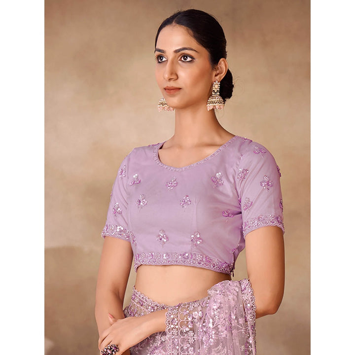 Odette Womens Purple Net Embroidered Saree with Unstitched Blouse