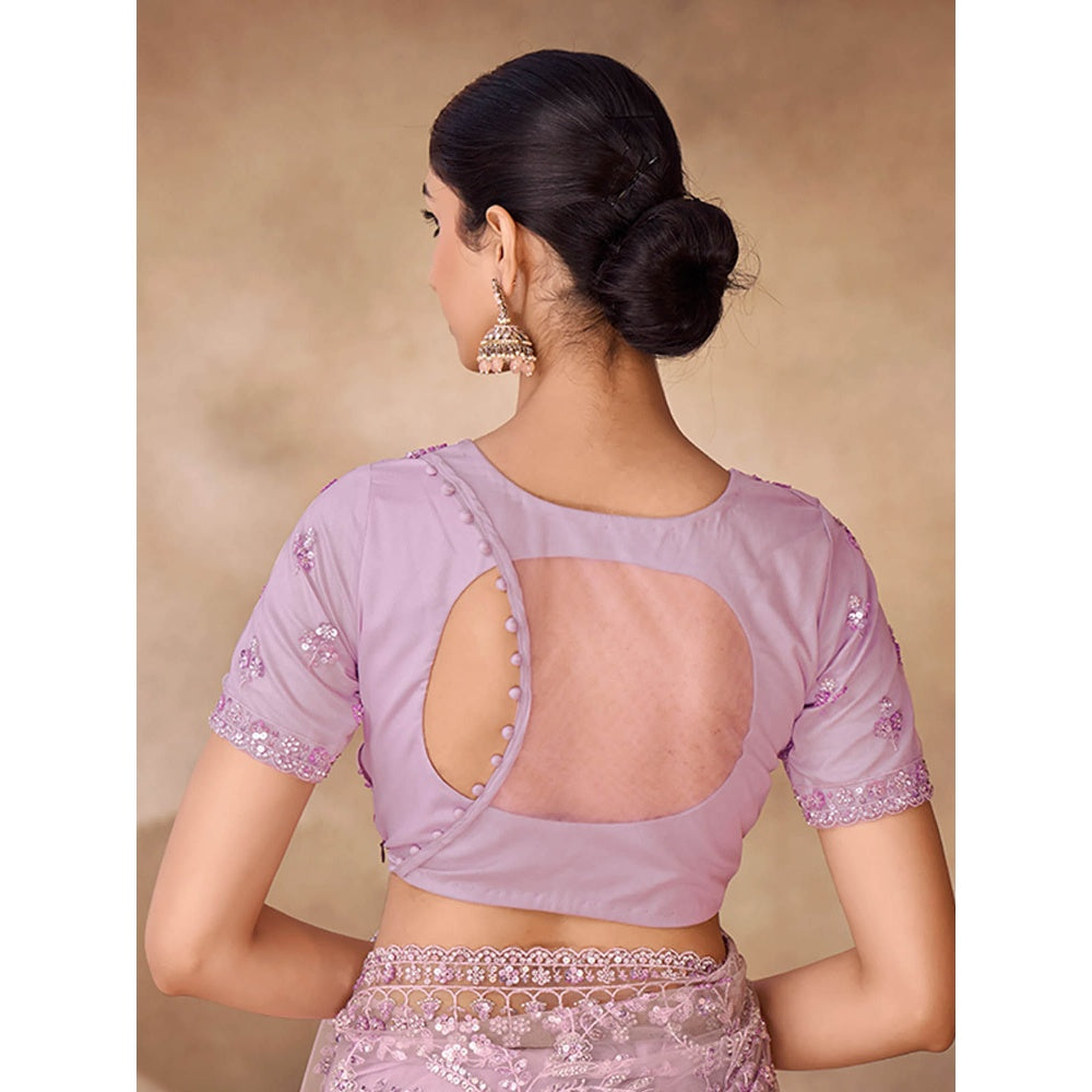 Odette Womens Purple Net Embroidered Saree with Unstitched Blouse