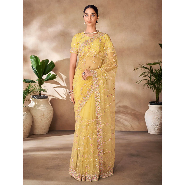 Odette Womens Yellow Net Embroidered Saree with Unstitched Blouse