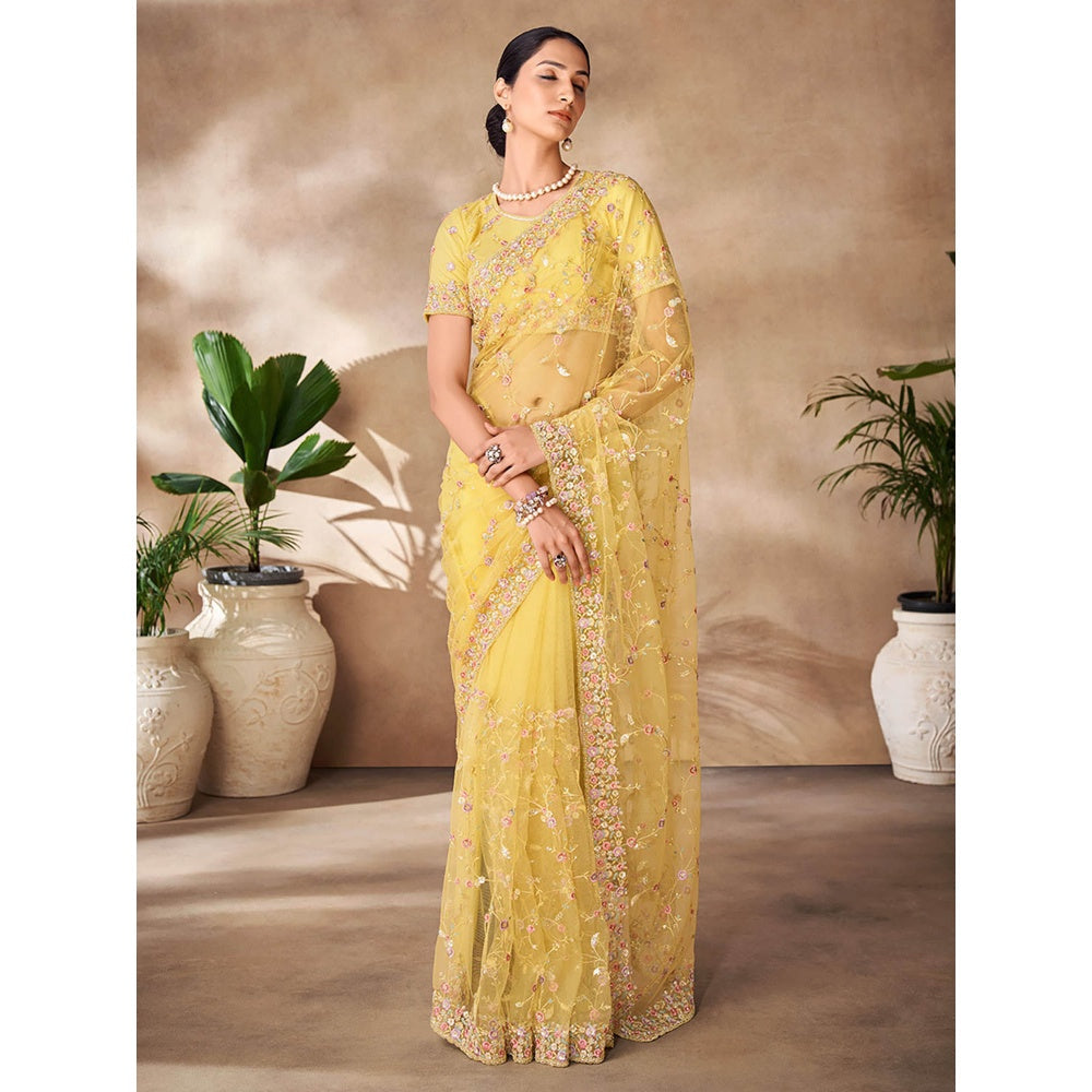 Odette Womens Yellow Net Embroidered Saree with Unstitched Blouse