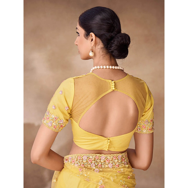 Odette Womens Yellow Net Embroidered Saree with Unstitched Blouse