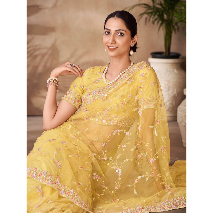 Odette Womens Yellow Net Embroidered Saree with Unstitched Blouse