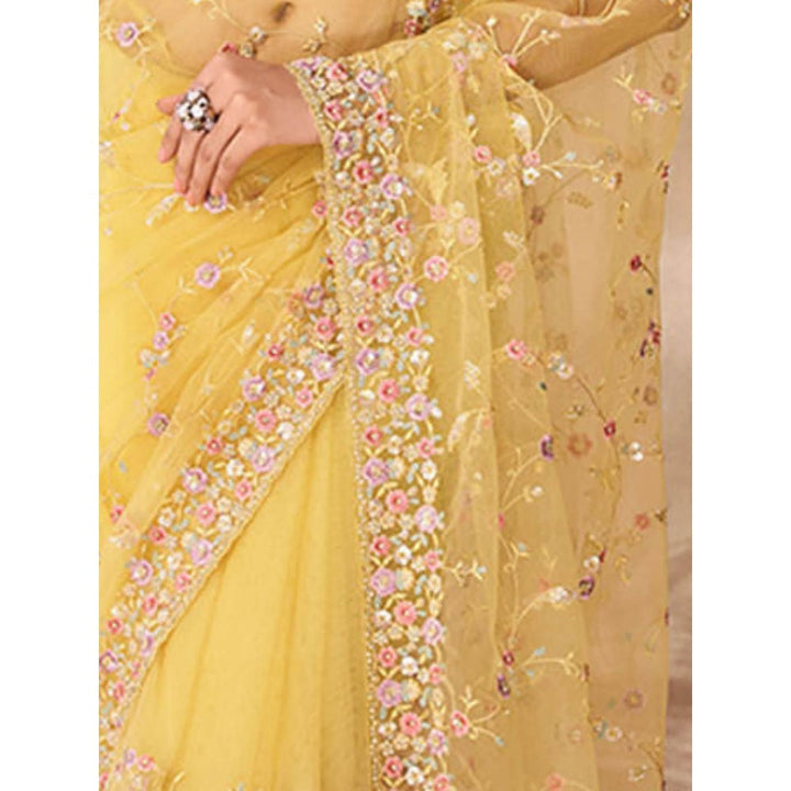 Odette Womens Yellow Net Embroidered Saree with Unstitched Blouse