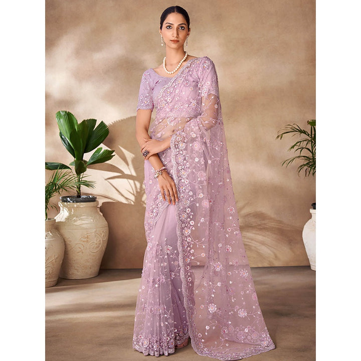 Odette Womens Purple Net Embroidered Saree with Unstitched Blouse