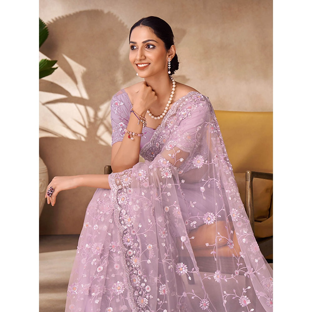 Odette Womens Purple Net Embroidered Saree with Unstitched Blouse