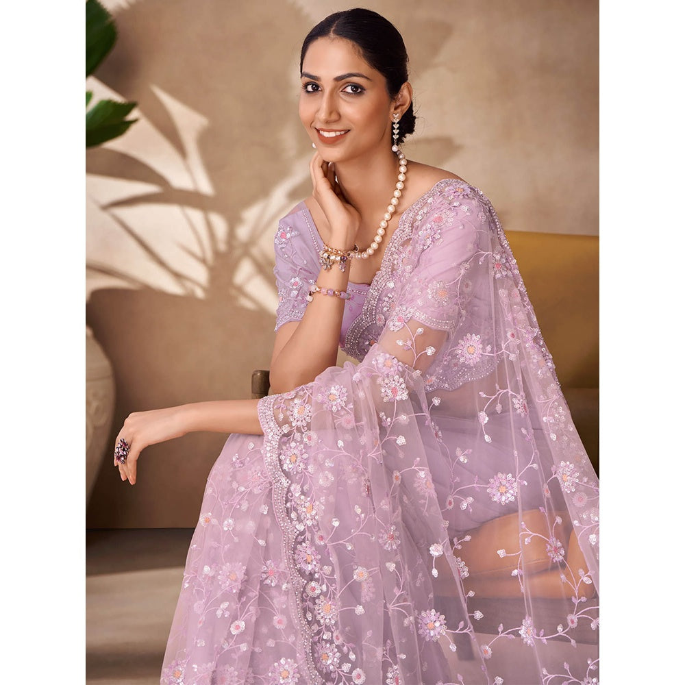 Odette Womens Purple Net Embroidered Saree with Unstitched Blouse