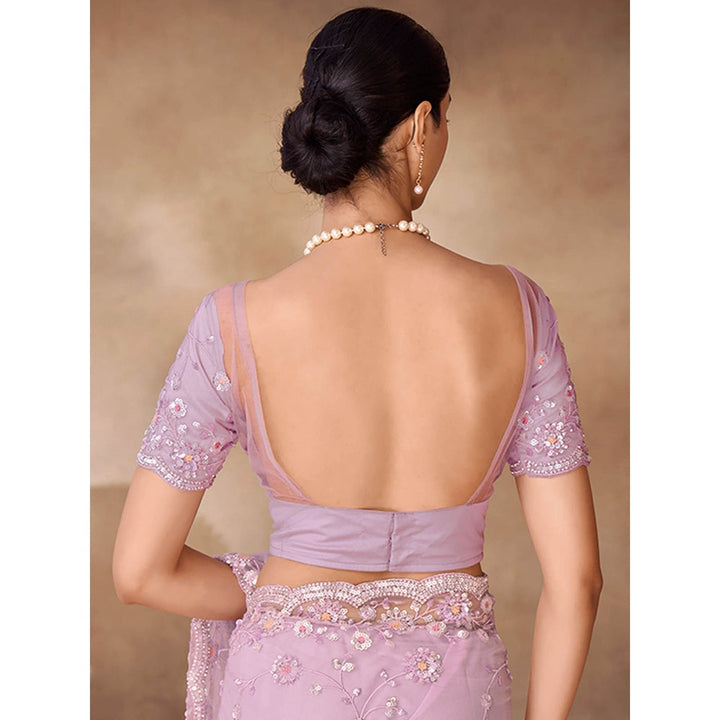 Odette Womens Purple Net Embroidered Saree with Unstitched Blouse