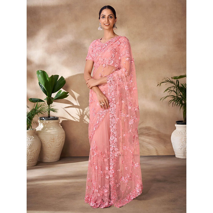 Odette Womens Pink Net Embroidered Saree with Unstitched Blouse