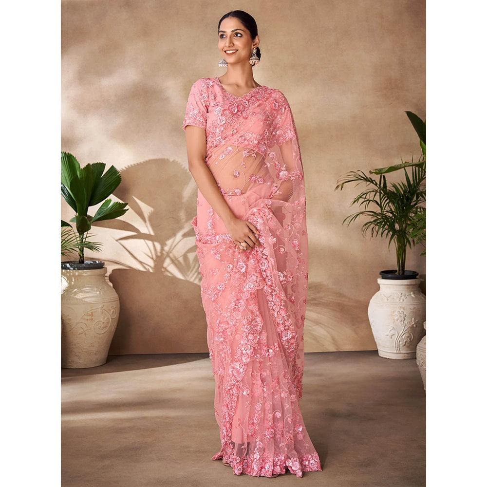 Odette Womens Pink Net Embroidered Saree with Unstitched Blouse