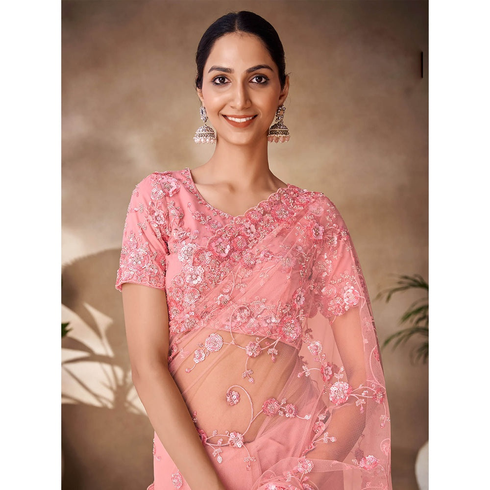 Odette Womens Pink Net Embroidered Saree with Unstitched Blouse