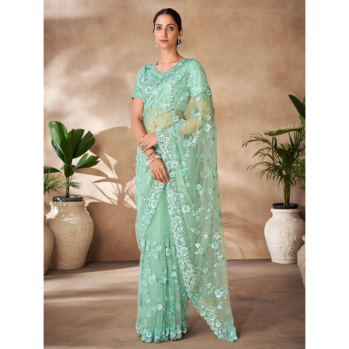 Odette Womens Green Net Embroidered Saree with Unstitched Blouse