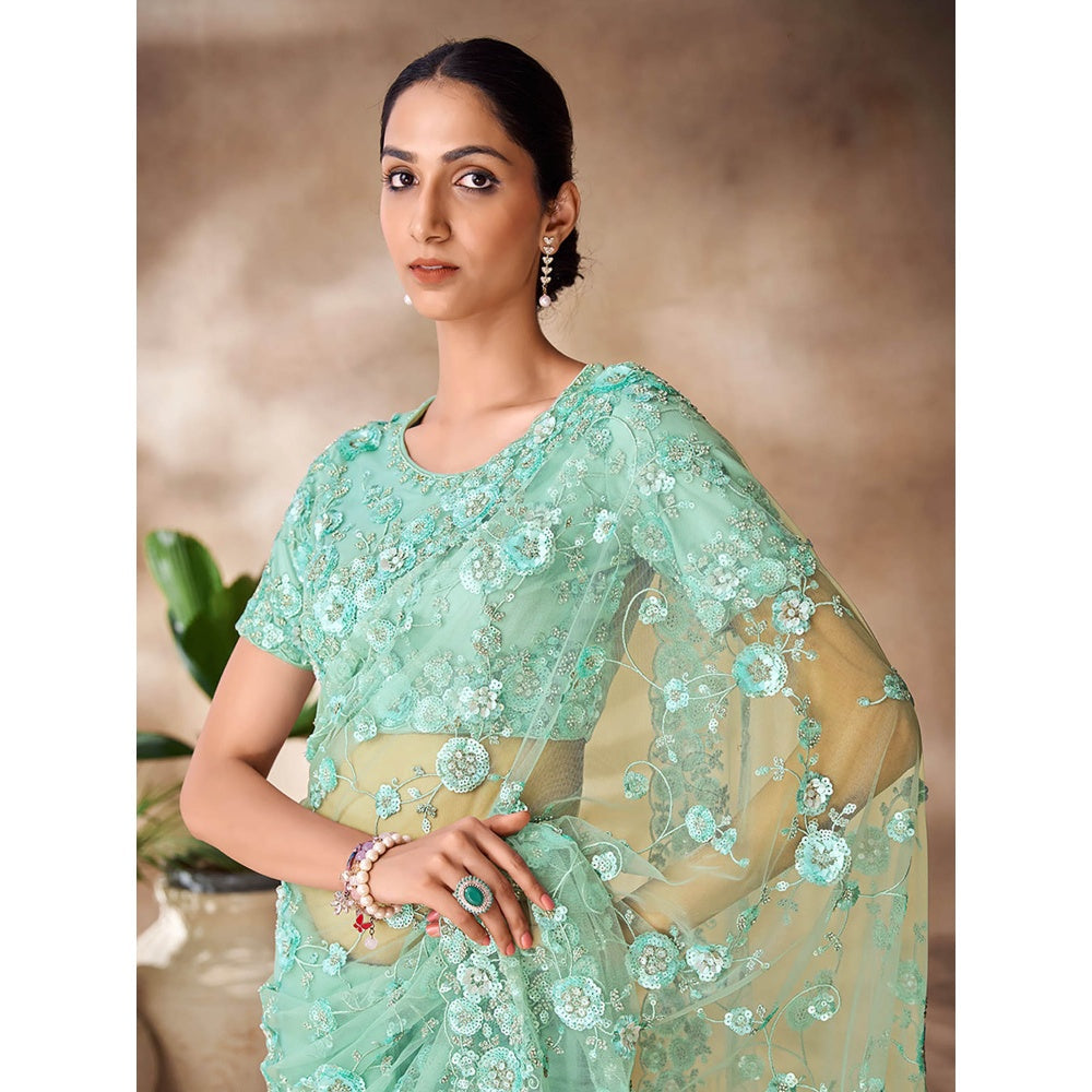 Odette Womens Green Net Embroidered Saree with Unstitched Blouse