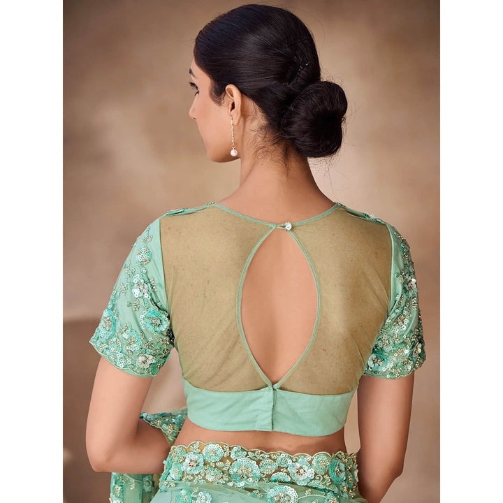 Odette Womens Green Net Embroidered Saree with Unstitched Blouse