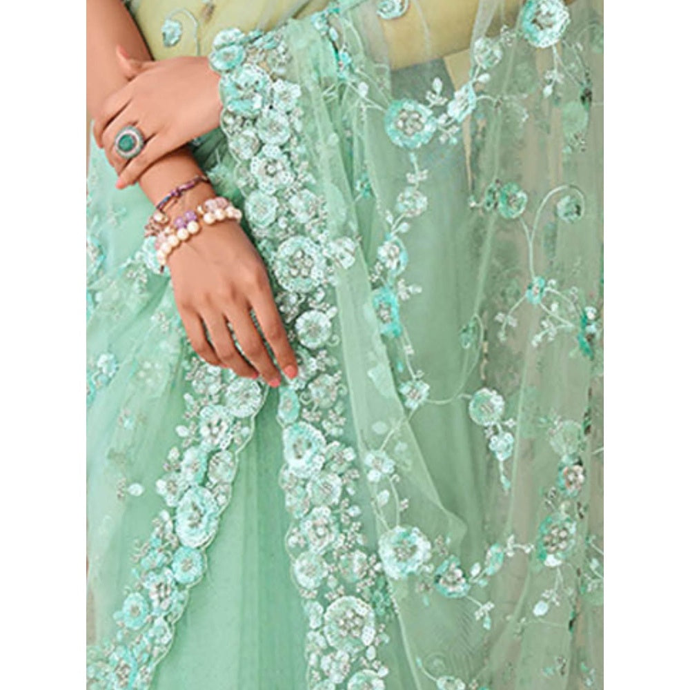 Odette Womens Green Net Embroidered Saree with Unstitched Blouse