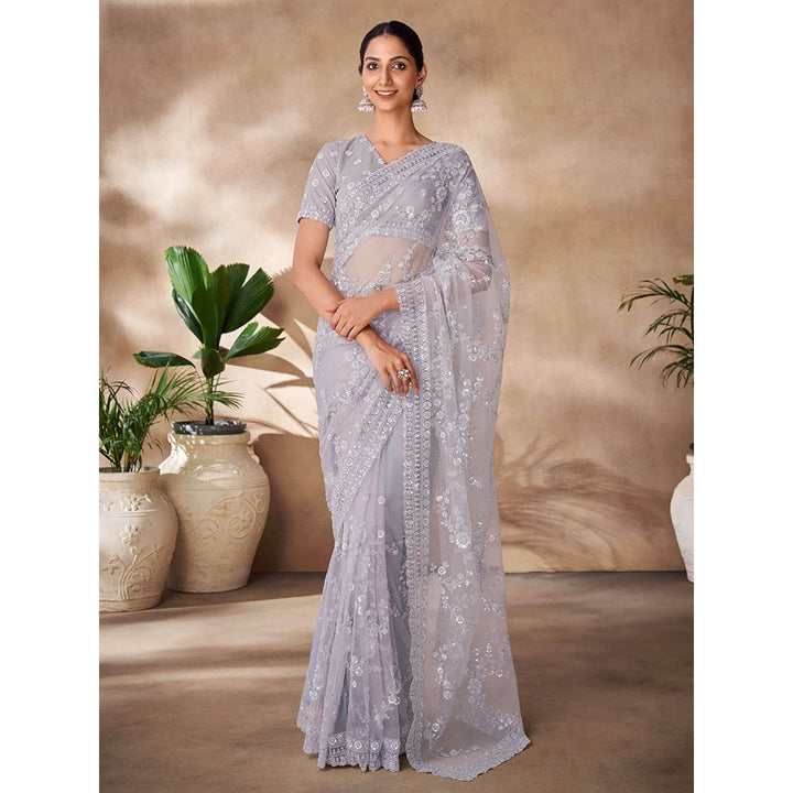 Odette Womens Grey Net Embroidered Saree with Unstitched Blouse