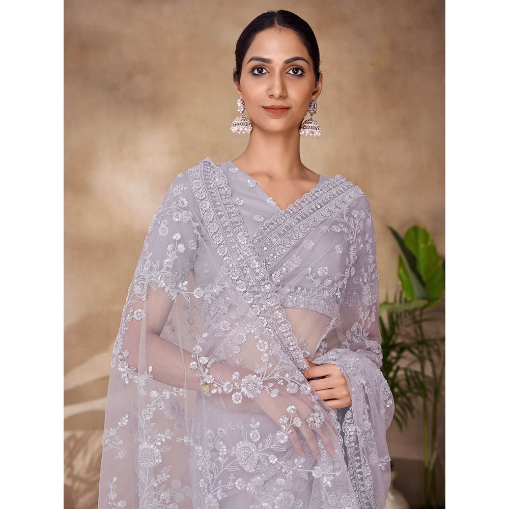 Odette Womens Grey Net Embroidered Saree with Unstitched Blouse