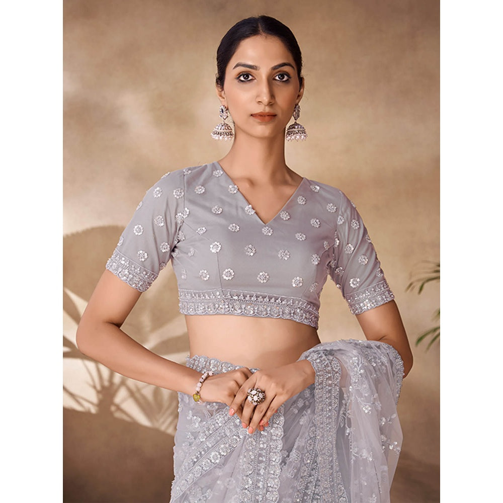 Odette Womens Grey Net Embroidered Saree with Unstitched Blouse