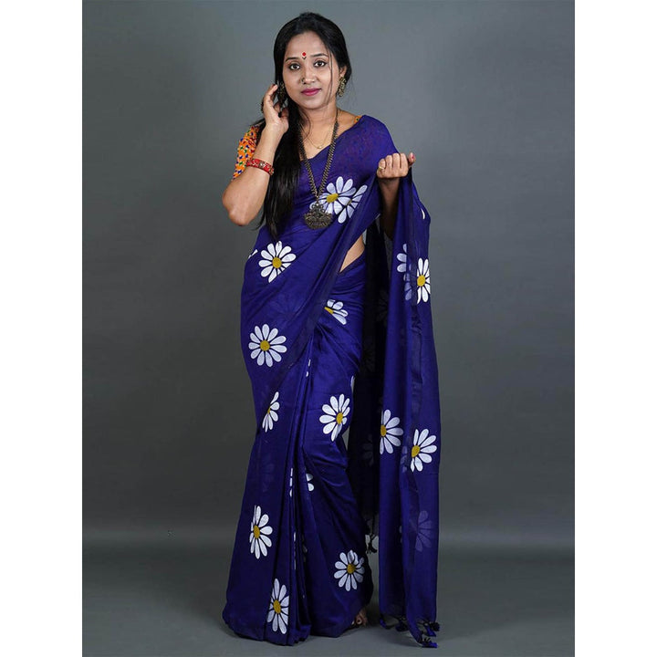 Odette Womens Blue Printed Cotton Saree with Unstitched Blouse