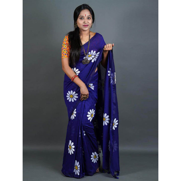 Odette Womens Blue Printed Cotton Saree with Unstitched Blouse