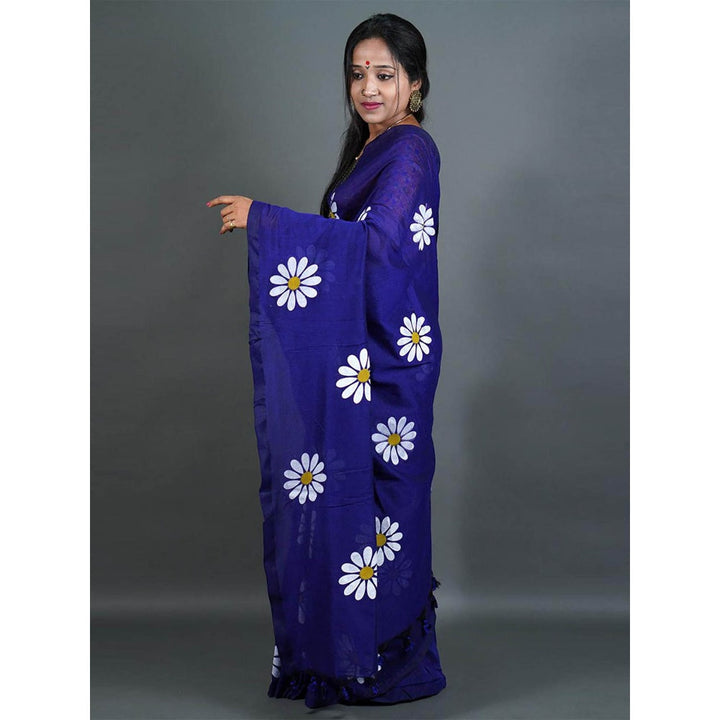 Odette Womens Blue Printed Cotton Saree with Unstitched Blouse