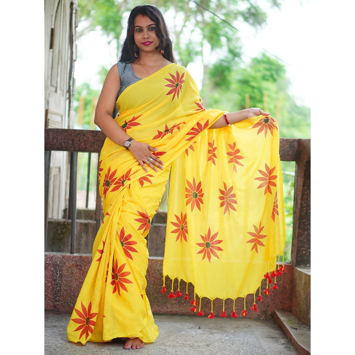 Odette Womens Yellow Printed Cotton Saree with Unstitched Blouse