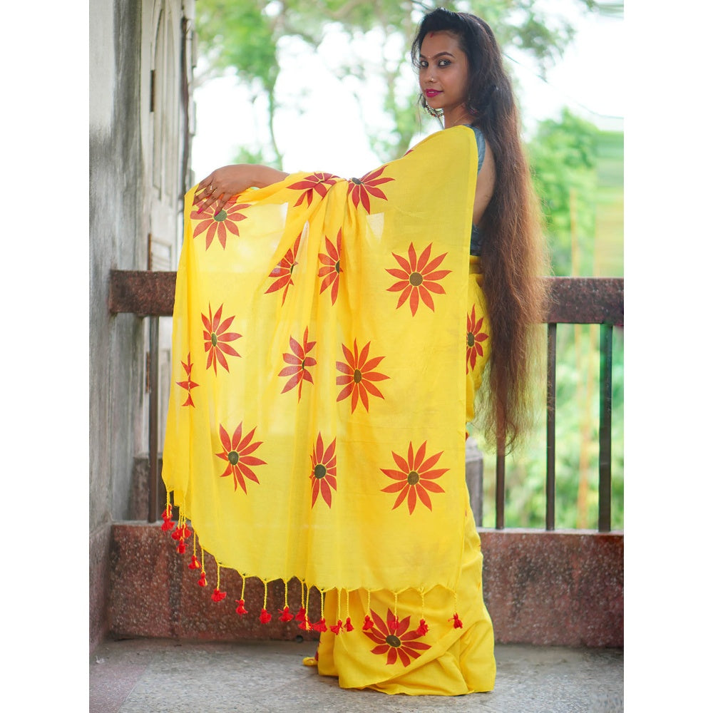 Odette Womens Yellow Printed Cotton Saree with Unstitched Blouse