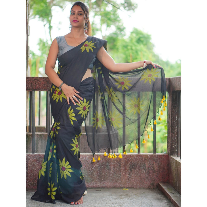 Odette Womens Black Printed Cotton Saree with Unstitched Blouse