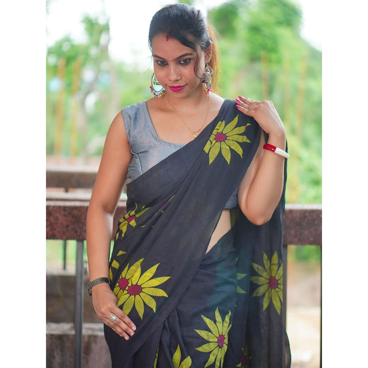 Odette Womens Black Printed Cotton Saree with Unstitched Blouse