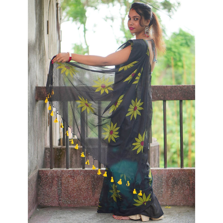 Odette Womens Black Printed Cotton Saree with Unstitched Blouse