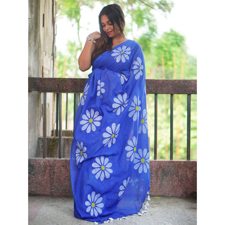 Odette Womens Blue Printed Cotton Saree with Unstitched Blouse