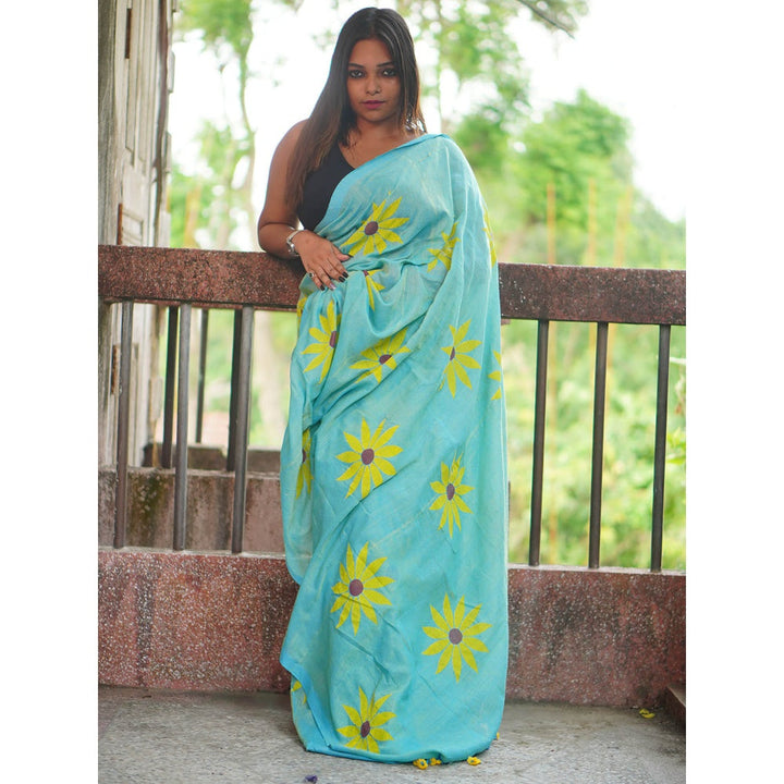 Odette Womens Turquoise Printed Cotton Saree with Unstitched Blouse