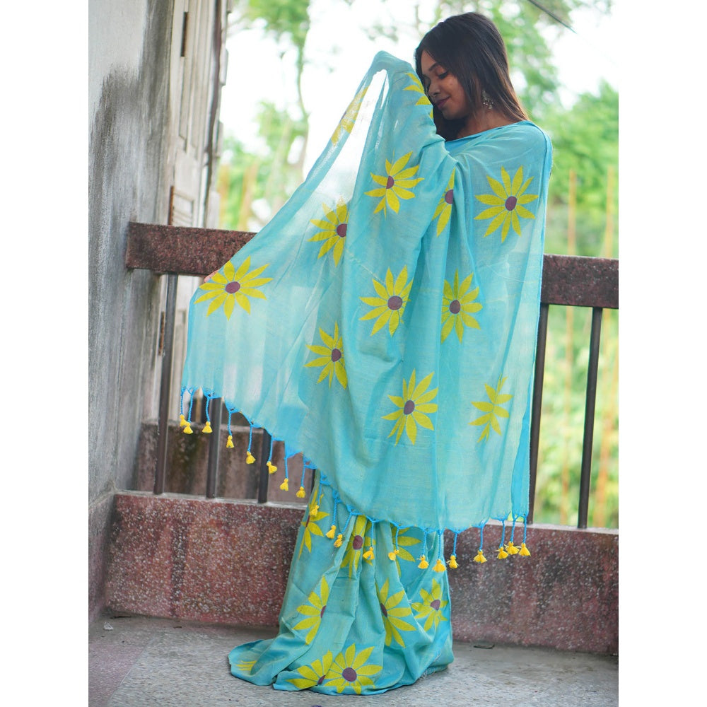 Odette Womens Turquoise Printed Cotton Saree with Unstitched Blouse