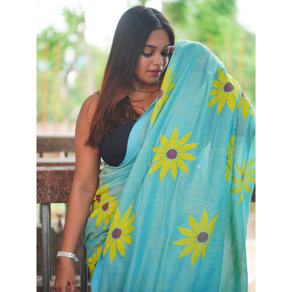 Odette Womens Turquoise Printed Cotton Saree with Unstitched Blouse