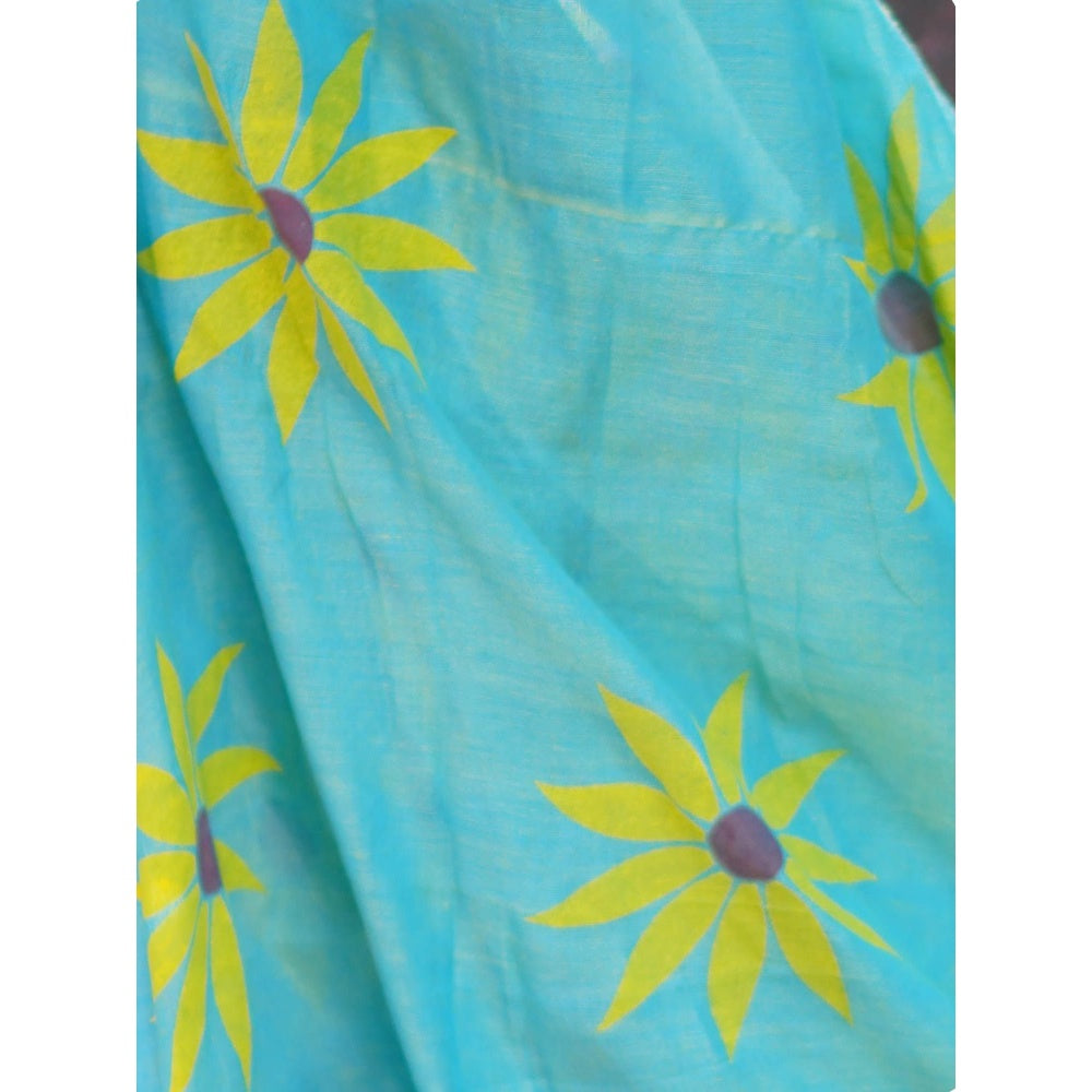 Odette Womens Turquoise Printed Cotton Saree with Unstitched Blouse