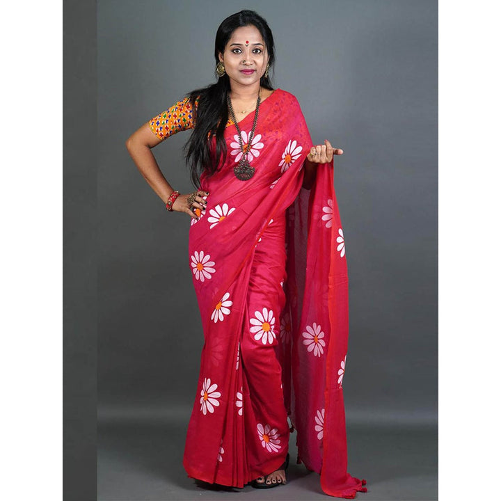 Odette Womens Pink Printed Cotton Saree with Unstitched Blouse