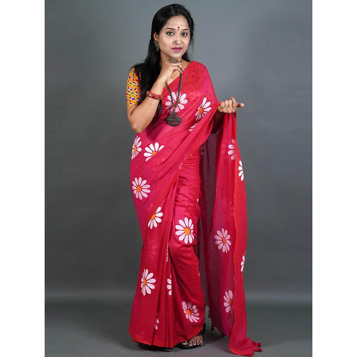 Odette Womens Pink Printed Cotton Saree with Unstitched Blouse