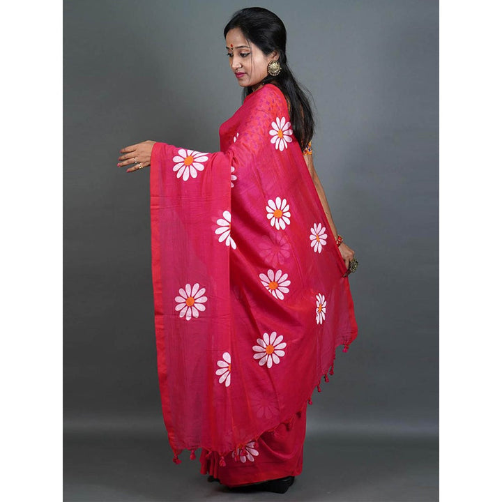 Odette Womens Pink Printed Cotton Saree with Unstitched Blouse