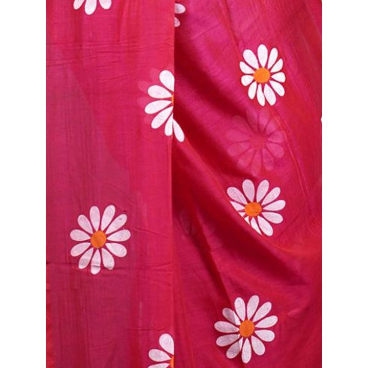 Odette Womens Pink Printed Cotton Saree with Unstitched Blouse