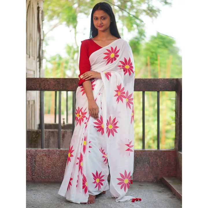 Odette Womens White Printed Cotton Saree with Unstitched Blouse